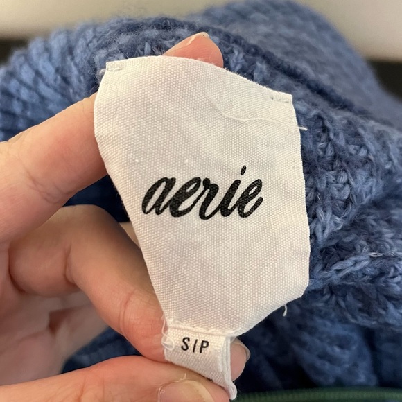 Aerie Oversized Wool Blend Cropped Stripe Sweater - Blue - Funnel Neck - Picture 9 of 13